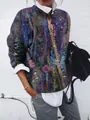 Vista dettagliata del cardigan a maniche lunghe con stampa floreale geometrica colorata - Taglia S / Top (9434) / Stampa Cielo Stellato Viola Profondo (Foto 14)