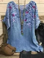Detail shot of the blue round neck women's top featuring a pink floral print design - S / Tops / Blue Floral Print (Image 4)
