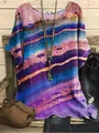 Close-up of vibrant purple and blue abstract print loose round neck t-shirt for women - S / Tops / Purple Abstract Floral (Image 14)