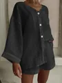 Completo casual due pezzi in lino nero con camicia scollo a V e pantaloncini abbinati - Taglia S / Top E Pantaloni / Nero