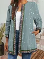Detailed view of bohemian style women's retro ethnic print cardigan jacket with decorative trim - M / Top (9440) / Gray-Blue Polka Dot Print