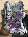 Bohemian style women's loose short sleeve top featuring artistic purple floral print - S / Tops / Grey Purple Floral (Image 13)