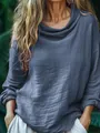 Macro view of women's casual loose top showing the cowl neck and pleated fabric texture. - S / Tops / Blue