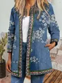 Detail of vintage ethnic print open front cardigan with floral patterns and embroidery trim. - M / Top (9440) / Dark Blue Floral Ethnic Print