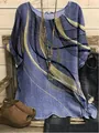 Macro view of blue loose tunic featuring abstract gold and black swirl print details - S / Tops / Dark Blue Abstract Lines (Image 16)