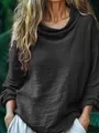 Detailed macro view of black textured pleated cowl neck long-sleeved casual women's top - S / Tops / Black