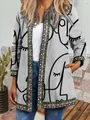 Close-up of retro ethnic print and abstract face pattern on women's cardigan - M / Tops / Light Grey Abstract Face
