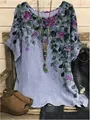 Detailed view of elegant purple floral print on loose round neck lavender tunic top for women - S / Tops / Light Purple Floral (Image 15)