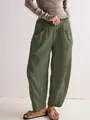 Relaxed fit olive green cotton linen trousers with elastic waist and pockets - Dark Green