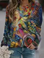Artistic bird and floral print on a long-sleeved women's ethnic retro sweatshirt - S / Tops / Artistic Painted Birds and Flowers (Fig 3)