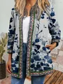 Close-up of vintage ethnic print cardigan with blue floral patterns and geometric borders. - M / Tops / Grey and Blue Floral Print