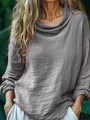 Close-up of grey long sleeve top featuring textured fabric and a draped cowl neckline - S / Tops / Gray
