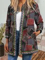Detail view of a vintage ethnic print open front cardigan jacket with pockets for autumn - M / Tops / Colorful Geometric Patchwork