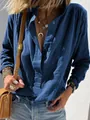 Detail of a casual blue cotton linen shirt with button-up collar and loose fit - S / Tops / Blue