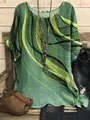 Close-up of green short sleeve top with abstract linear print and casual loose fit - S / Tops / Dark Green Abstract Print (Image 17)