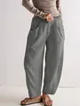 Loose-fit gray cotton linen radish pants with elastic waist and side pockets - S / Bottoms / Gray