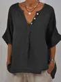 Detalle de camisa informal de lino con cuello en V y botones frontales para mujer - S / Tops / Negro