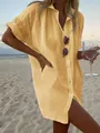 Camisa informal de algodón y lino amarilla para mujer, corte holgado en playa detalle - Amarillo