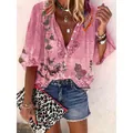 Chemise d'été bohème rose à imprimé floral avec des détails de col montant vintage - S / Hauts / Imprimé Floral Rose (Photo 23)