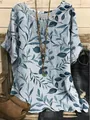 Close-up of casual loose round neck top featuring a stylish blue leaf print pattern. - S / Tops / Light Grey Blue (Leaf Print - Fig 30)
