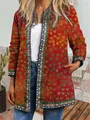 Detailed view of the vintage ethnic print cardigan with heart patterns and borders. - M / Top (9440) / Red-Orange Heart Ethnic Print