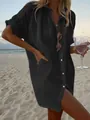 Vestido camisero informal de algodón y lino negro en una playa tropical al atardecer - S / Tops / Negro