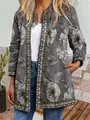 Detail view of women's vintage ethnic floral print cardigan with decorative borders - M / Top (9440) / Grey White Flower Print