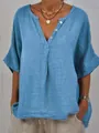 Detail view of blue cotton linen V-neck shirt with loose fit and buttons - Sky Blue