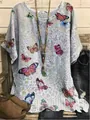 Boho style women's loose round neck top with vibrant butterfly prints and mosaic pattern - S / Tops / Light Purple (Butterfly Print - Fig 32)