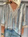 Blusa holgada con estampado y cuello en V para mujer con encaje elegante y mangas medias - Rayas Verticales de Lunares (Estilo 1)
