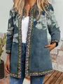 Detailed view of the vintage ethnic floral print and geometric trim on this teal cardigan. - M / Tops / Grayish Blue with White Flowers