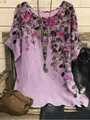 Bohemian floral print purple linen-look short sleeve blouse for women with a relaxed fit - S / Tops / Lilac Purple (Floral Print - Fig 26)