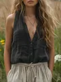 Vista de detalle de una camisa sin mangas informal de algodón y lino con cuello en V. - S / Tops / Negro