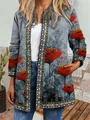 Detailed view of women's vintage ethnic floral print cardigan jacket with open front design - M / Top (9440) / Grey Red Poppy Print