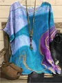 Close-up detail of a women's boho abstract marble print tunic top with gold glitter accents - S / Tops / Blue and Purple Marble Print (图25)