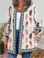 Detailed view of vintage ethnic feather print cardigan with geometric borders - M / Tops / White Feather Print