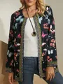 Detailed view of women's retro ethnic jacket with colorful butterfly prints - M / Top (9440) / Black Background Colorful Butterfly Print