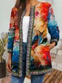 Detailed view of vintage ethnic print women's cardigan featuring a colorful cat - M / Top (9440) / Artistic Cat Face Print