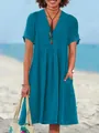 Stylish teal blue V-neck cotton linen summer dress with pleated detail and side pockets - Teal