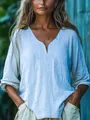 Vue détaillée d'un haut ample pour femme en coton et lin avec col en V et texture naturelle - S / Hauts / Bleu ciel