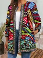 Detailed view of women's colorful retro ethnic print open front cardigan with side pockets - M / Top (9440) / Retro Abstract Print