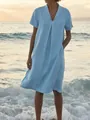 Soft blue linen V-neck midi dress on a model at a beach during sunset - S / Top And Bottom / Sky Blue