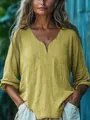 Détail d'un haut ample en coton et lin pour femme avec col en V et manches longues jaune moutarde - S / Hauts / Jaune