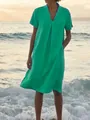 Casual green cotton linen V-neck summer dress worn at the beach during a golden sunset - S / Top And Bottom / Green