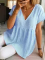 Detalle de top plisado de algodón y lino azul claro para mujer con elegante cuello en V - S / Tops / Rosa