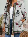 Close-up of vintage ethnic floral print and geometric braid trim on a stylish cardigan. - M / Top (9440) / Grey-white Red & Blue Floral Print