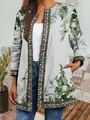 Detailed view of a women's vintage ethnic print jacket featuring botanical leaf patterns - M / Top (9440) / Light Gray Green Leaf Print