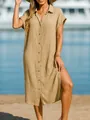 Casual khaki cotton linen midi shirt dress with button-down design and side slit - S / Dresses / Khaki