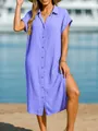 Close-up detail of a lavender cotton-linen shirt dress with side slit at the beach - S / Dresses / Light Purple