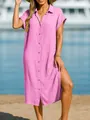 Casual pink linen button-down shirt dress with high side slit for summer beach wear - S / Dresses / Pink